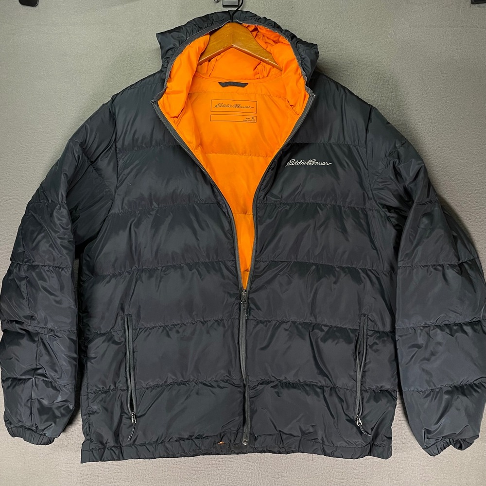 Eddie Bauer‎ EB650 Down Puffer Jacket Hooded Black Orange XL Men